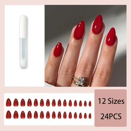 24-Piece Simple Pure Red French Tip Press-on Nails for Women and Girls - Short Almond Shape with Full Oval Acrylic Cover - Ideal for Nail Decoration
