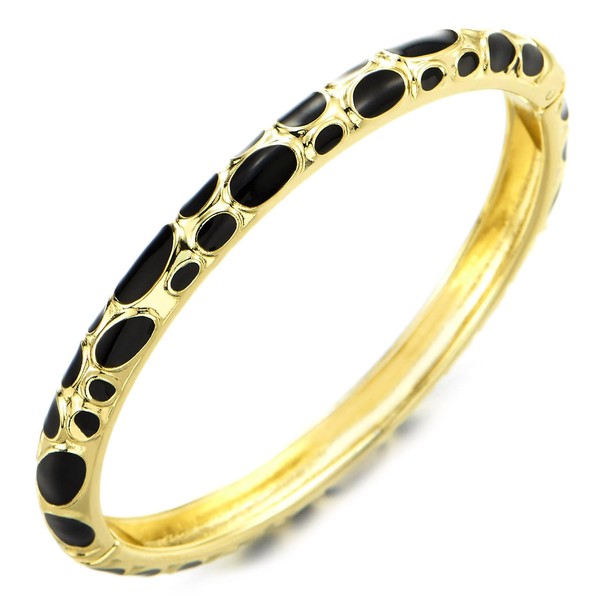 COOLSTEELANDBEYOND Classic Gold Tone Bangle Bracelet Black Enamel Polka Dots