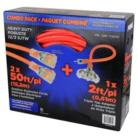 12/3 SJTW Heavy Duty Lighted Outdoor Extension Cord Combo 3 Pack. Two 50 Foot (15.2 m) and one 2 Foot (.61 m) Triple Tap Adapter. High Visibility, Flexible to -40, 125V 15A 1875W