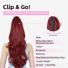 XIXISNOW 24'' Claw Clip Ponytail Extension for Women Fluffy Layered Clips On Synthetic Hair Heat Resistant & Natural Look Curly Hair Extensions Clip-ins Wedding Party Daily Use(Burgundy, 7.5OZ)