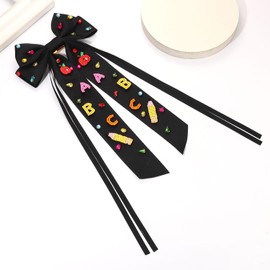 Vokone Teacher Hair Bows for Women Teacher ABC Pencil Hair Bow Clips Jeweled Satin Ribbon Bow Barrette Hair Clip Back to School Accessories Teacher Appreciation Gifts Beaded ABC Black