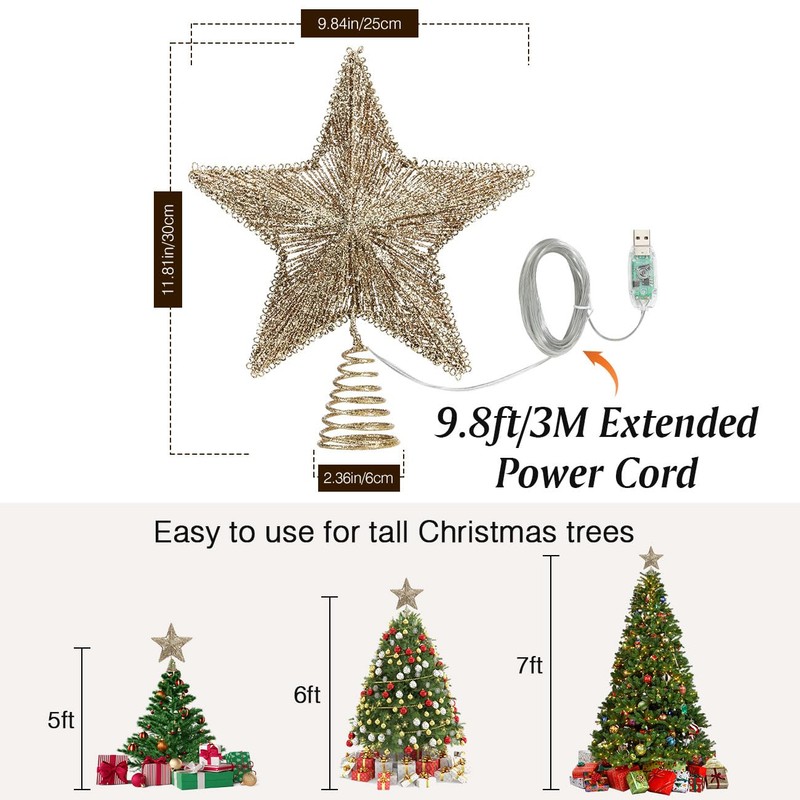 Lewondr Christmas Star Tree Topper, USB Powered Remote Controlled 6H