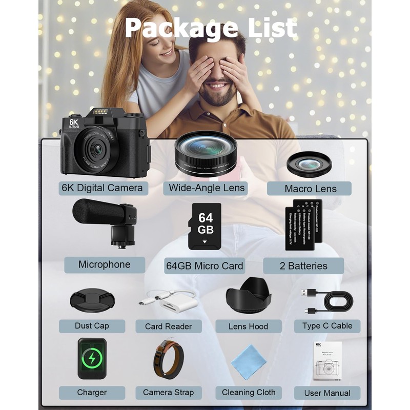 FLATIC Cameras for Photography, 6K 64MP Digital Camera with WiFi