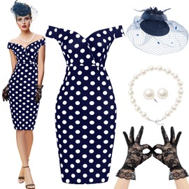 JenPen 5 Pcs Women's Vintage Polka Dot Dress Retro Pencil Dress Floral Spring Costume for Derby Tea Party Cocktail(X-Large,Elegant)