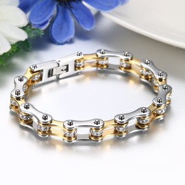 JewelryWe Stainless Steel Bracelet Rhinestone Inlaid Men's Bike Bicycle Link Chain,22.5CM(Silver Gold)