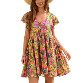 CUPSHE Women's Floral Printed Mini Dress Ruffle Sleeve Tie Front Summer Short Dresses Pink M