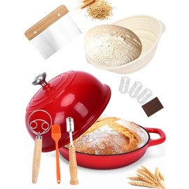 QuliMetal Dutch Oven Bread Baking- 5QT Enamel cast iron Oven with Sourdough Bread-Baking Supplies like Bread Proofing Basket, Scoring Lame, Dough Whisk for Sour dough, Bread-making Red