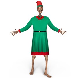 Cozypower Christmas 12 ft Skeleton Elf Costume Accessories Giant Skeleton Christmas Outfit Elf Dress Elf Hat Long Red Striped Thigh High Socks for Skeleton Clothing Garden Lawn Outdoor Decor