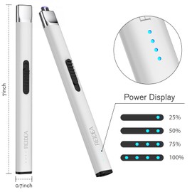 REIDEA Lighter R1 Flat Electronic Candle Lighter, Windproof Flameless USB Rechargeable Arc Lighter with Safe Button and Power Indicator for Candle, BBQ and Fireworks, White