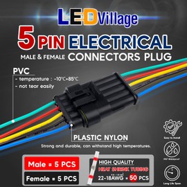 5 Pin Ledvillage Electrical Connector Plug 5 Male + 5 Female Terminal Wire Connector 22AWG - 10 cm. Automotive Waterproof 5 Way Connector Set for Car, Truck, Boat (10 Kits)