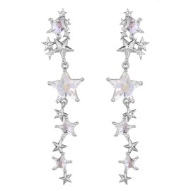 Crystal Long Star Dangle Earrings for Women Girls 925 Sterling Silver Post Pin 14K Gold Plated Shiny Tassel CZ Stars Celestial Charms Drop Dangle Stud Lightweight Fashion Birthday Wedding Party Jewelry Gifts (Silver)