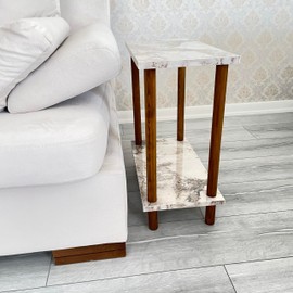Narrow Small Places Faux Marble Top Modern Side Table for Couch Living Room, Slim Minimalist End Table 2 Tier with Open Shelf Nightstand for Bedrooms, Snack Tray, TV Manual (White Marble, Wide, 10")