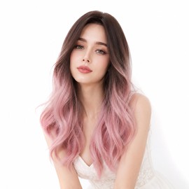 Women's Wavy Synthetic Wig 24 Inch Long Hair Dark Root Purple Peach Ombre Heat Resistant Matte Silk Full Wigs for Daily Party