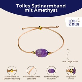 Glücksschmiedin - Amethyst Armband Damen mit Karten-Set, Edelsteinarmband beige mit Goldperlen und schönem Schmucksäckchen mit 6 verschiedenen Glückwunschkarten für jeden Anlass.
