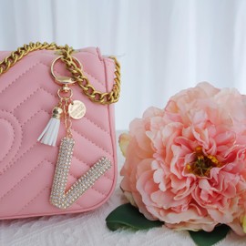 Initial Keychain For Women Letter Keychain A-Z Gift For Girl Cute Bling Rhinestone Tassel Key Chains Charm For Bag Backpack (White Gold, V)