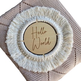 Baby J's - Hello World Macrame Plaque - Birth Announcement Plaques - Wooden Disk - Perfect Baby Shower or Newborn Gift - Can be Used as Flat Lays or Kept as a Keepsake - 16cm
