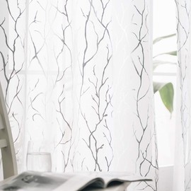 Silver White Café Curtains 45 Inch Length 2 Panels Metallic Silver Foil Tree Branch Sheer Curtains Rod Pocket Sheer Kitchen Curtains over Sink Rod Pocket Privacy Kitchen Window Curtains, 52 x 45 Inch