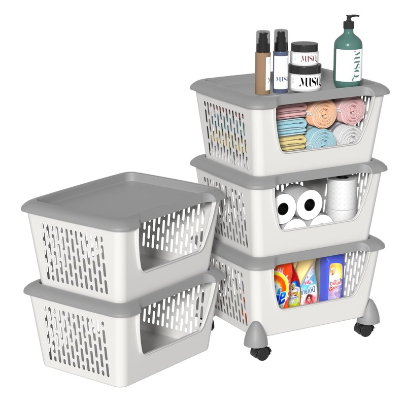 Ucake Plastic Stacking Basket with Wheels, Stackable Storage Basket Organizer,