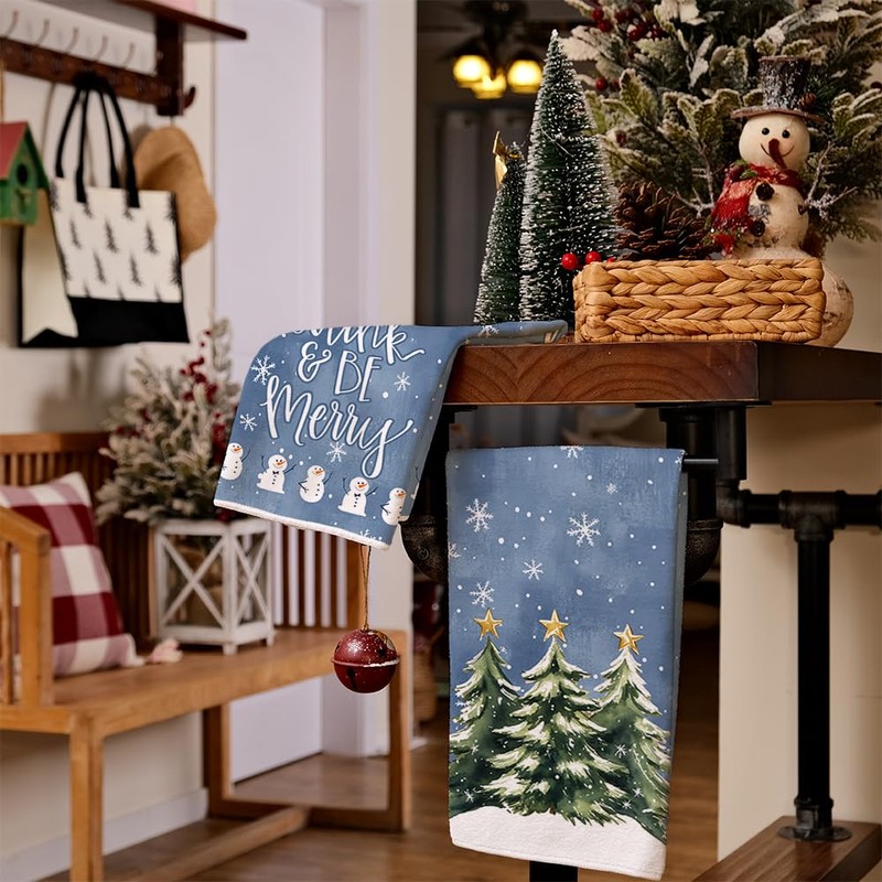 Green Christmas Tree Kitchen Towels Set of 2,Snowman Snowflake Star