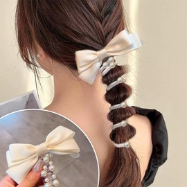 3Pcs Bowknot Braided Telephone Wire Black White Silver Pearl Bands Spiral Hair Ties Cute Bowknot Ponytail Holders Head Accessories Thick Hair Accessories