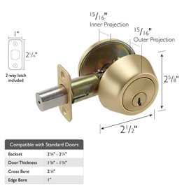 Design House Single Cylinder 2-Way Round Corner Deadbolt with Latch – Satin Gold Deadbolt Lock, 728923