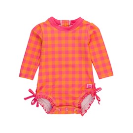 RuffleButts Baby Girls UPF 50+ Sun Protection Gingham Printed Long Sleeve One Piece Rash Guard Swimsuit with Zipper - Sunset Sorbet Gingham, 6-12m