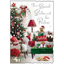 Sister and Her Partner Christmas Card - Cosy Festive Lounge and Puppies - Artistic Contemporary Dog Design - Special Finishes and Illustrated Insert Leaf - Made in the UK