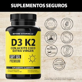 Beyond Vitamins | Vitamina D3 + Vitamina K2 con Aceite de Coco Extra Virgen | MCT (Trigliceridos) para Mayor Absorción | Cápsula Blanda Premium (60 Ca