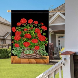 Fukeen Welcome Red Flower House Flag Double Sided 28x40 Inch Black Background with Geranium Poppy Floral Green Leaves Plants Farmhouse Decorations Vertical Yard Outdoor Flags