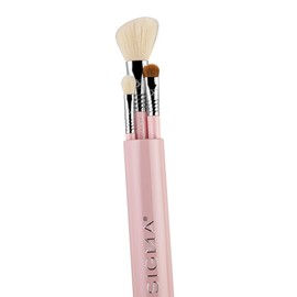Sigma Beauty Travel Essential Trio - Juego de brochas de maquillaje para base de maquillaje en polvo, sombra de ojos, 3 cepillos de herramientas con soporte de lata, color rosa claro