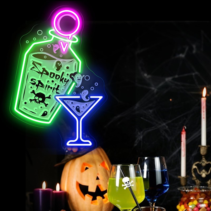 Halloween Cocktail Neon Sign, Spooky Spirits Home Bar & Party