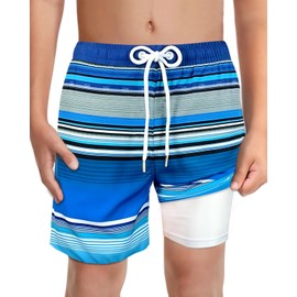 LUCOWEE Traje de baño para niños con forro tipo bóxer sin rozaduras con forro de compresión elástico UPF 50+ para niños, Raya Azul, 14-16