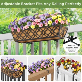 Y&M 6Pcs 24 Inch Window Deck with Coconut Coir Liner, 24" Railing Planter Horse Trough Coco Basket Boxes Metal Hanging Flower Balcony for Outdoor Garden Fence Lawn