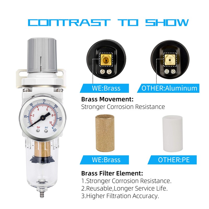 NANPU 1/4" NPT Compressed Air Filter Regulator Combo Piggyback, 5