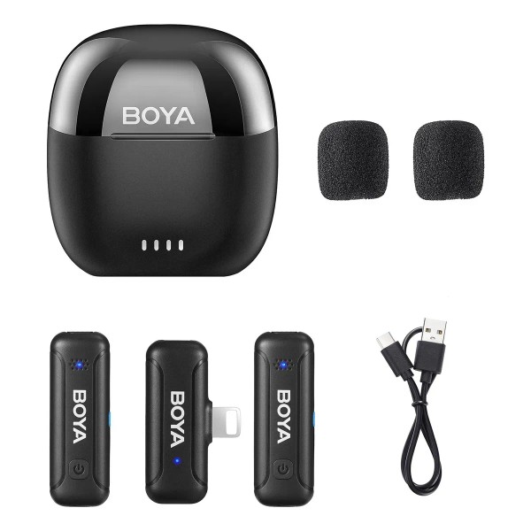 Micrófono Boya WM3t D2 Lightning de doble solapa, funda Carreg.