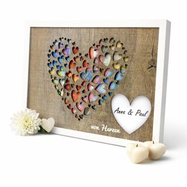 Traumwelten-Zimmermann Wedding Money Gift in Picture Frame with Real Glass, Creative Money Gift Packaging for Bride and Groom, Wooden Heart Motif, Wedding Gift, 18 x 24 cm
