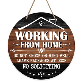Deroro No Soliciting Front Door Sign, Working from Home Wood Door Hanger Outdoor Outside Porch Decor, Please Do Not Knock Farmhouse Rustic Wooden Wreath Indoor Wall Hanging Decoration