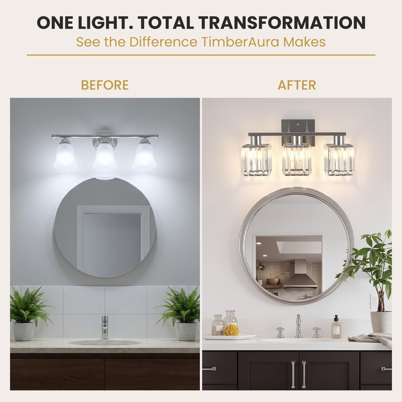 TimberAura Crystal Bathroom Light Fixtures, 3-Light Brushed Nickel, Vanity Lights