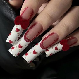 MERVF Long Square Press on Nails White French Tip Fake Nails Heart Glue on Nails Bow with Fluffy Design Press ons Squoval Cute Acrylic Nails for Women Glossy 24pcs