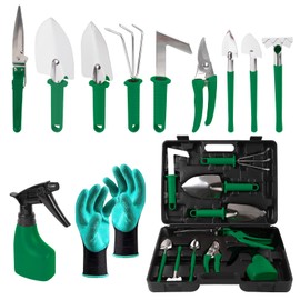 Gardening Tool Set, 11 Pieces Gardening Tools with Carrying Case, Garden Tool Kit for Digging Planting Pruning, Unique Gardening Set with Gloves for Women and Men (Green)