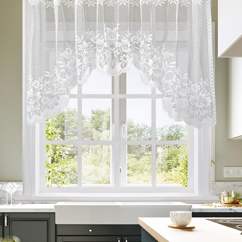 Molaxhome White Short Lace Cafe Valance Beautiful Semi Sheer Window
