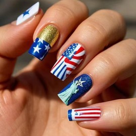 24Pcs Independence Day Design Fake Nails, July 4th American Flag Press On Nails Medium Square, Glitter Natural Full Coverage Nail Glue on Nails for Women Holiday Acrylic Manicure Supplies