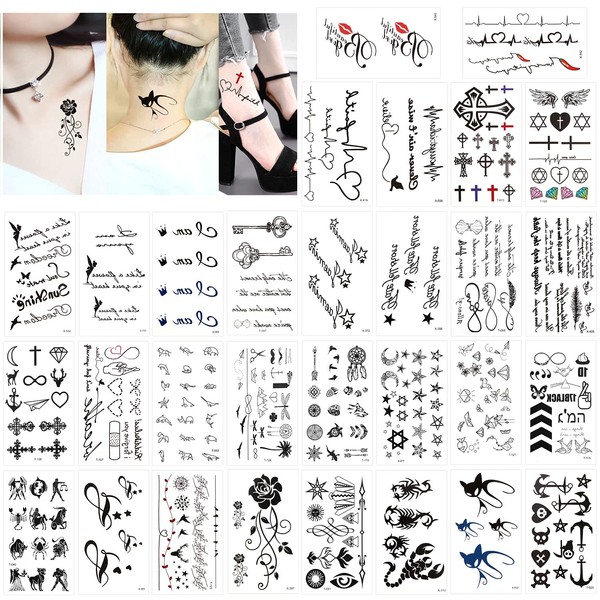 Konsait Tattoo Waterproof Black Temporary Tattoos Small Body Art Sticker Arm Tattoos for Men Women Handneck Wrist (30 Sheets)