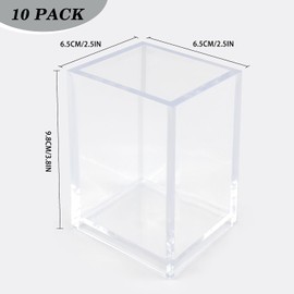 10 Pack Clear Acrylic Pen Holder for Desk, Pencil Cup Makeup Brush Organizer, Square Acrylic Pencil Holders for Office School Home Supplies, Desktop Stationery Organizer for Pens Markers Brushes