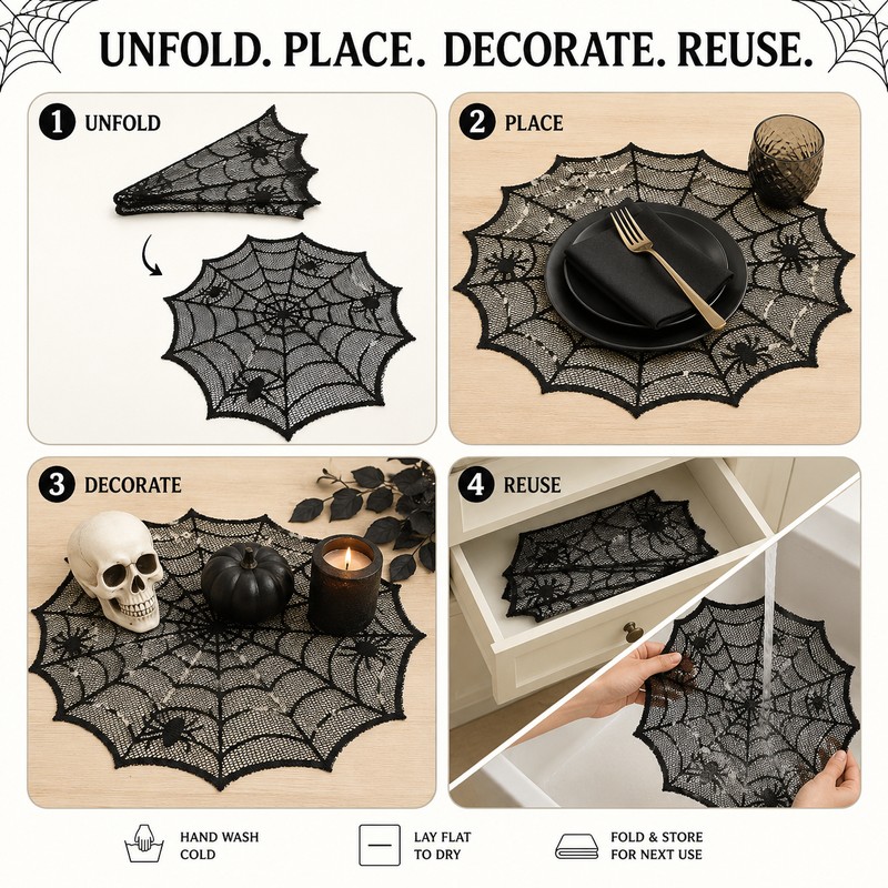 30cm Black Spider Web Placemat for Halloween – Lace-Style Round