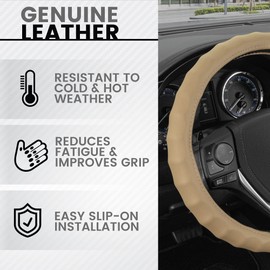 BDK Genuine Beige Leather Steering Wheel Cover for Car, Medium (14.5" - 15.5") – Ergonomic Comfort Grip for Men & Women, Universal Fit Car Steering Wheel Cover for Most Vehicles