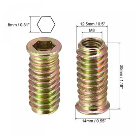 sourcing map M8 x 30 mm Threaded Inserts for Hexagon Socket Drive Furniture Screw Nut Pack of 16