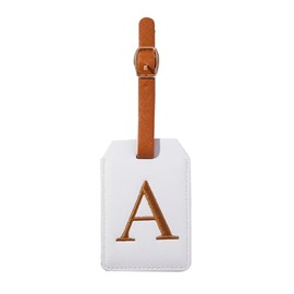 Initial Luggage Tag, PU Leather Baggage Tag, Monogrammed Luggage Tag, Letter Travel Tag, Bag Tag, ID Tag, Travel Accessory Luggage Identifier (White Leather+Brown Letter, A Letter)