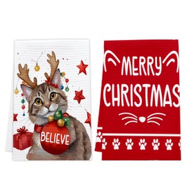 Merry Christmas Kitchen Towels Set of 2, Christmas Cat Dish Towel, Xmas Kitten Drying Dishcloths, Winter Decorations for Home Kitchen, Housewarming Hostess for Women Friend Family, 14