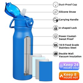 BJPKPK 25oz Insulated Water Bottle with Straw Stainless Steel Double Wall Water Bottles BPA Free Leak Proof Thermal Flask with Lockable Flip Lid and Soft Silicone Spout,Blue